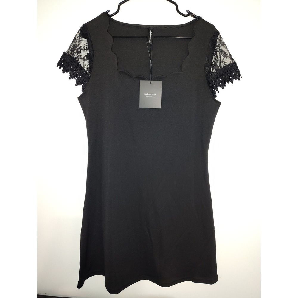JustFashionNow Black Scalloped Neck Lace‎ Sleeve Mini Dress Size M US 8